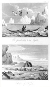 Un Groenlandais et son kayak, de Histoire du Groenland par David Crantz, 1820