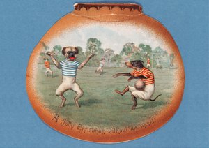 Un joyeux Noël sans incident!, carte de Noël représentant un match de football entre chiens, vers 1890 - English School