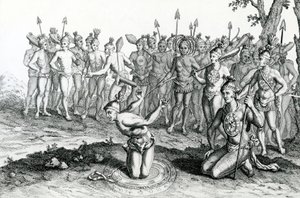 Un roi de Floride consultant son magicien avant de partir au combat, illustration tirée des Voyages et Voyages de Moore - English School