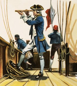 Un lieutenant avec son œil à une longue-vue regardant la bataille du Nil - English School