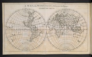 Carte du monde, sur laquelle sont délimités les voyages de Robinson Crusoé - English School