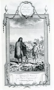 Une femme et un garçon patagons en compagnie du commodore Byron, illustration tirée des Voyages et Voyages de Moore - English School