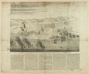 Dessin en perspective de la ville, du port et des forts de Carthagène en 1739, publié en 1741