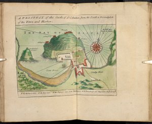 Vue du château de Saint-Sébastien depuis le sud et plan de la ville et du port - English School
