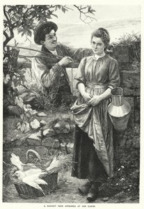 Un visage radieux est apparu à son coude (gravure) - English School