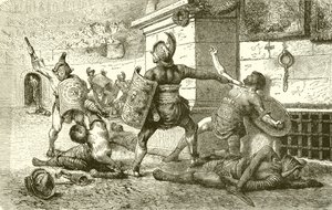 Une fête romaine. Combat de gladiateurs. Le vaincu appelant les spectateurs - English School