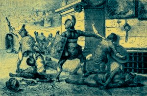 Une fête romaine, combat de gladiateurs, illustration de The Illustrated History of the World, publiée vers 1880 - English School