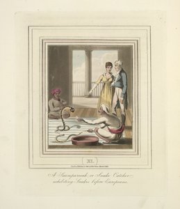Un Saumpareeah ou chasseur de serpents exhibant des serpents devant des Européens, c.1824 - English School