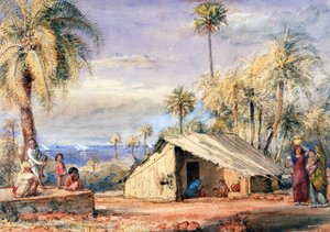 Cabane de tireurs de toddy dans un bosquet de palmiers dattiers, présidence de Bombay, Inde - English School