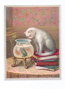 Carte de Noël victorienne représentant un chat assis sur une pile de livres et regardant dans le bocal d