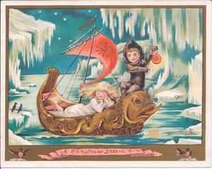 Carte de Noël victorienne avec une fée fille endormie dans un bateau orné de dauphins sur une mer gelée tandis qu
