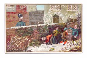 Carte de Noël victorienne de garçons se cachant derrière un mur de briques lançant une boule de neige à un policier, vers 1880 (lithographie en couleur) - English School
