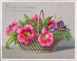 Carte de Noël victorienne avec des fleurs dans un panier en osier, vers 1880 (lithographie en couleur) - English School