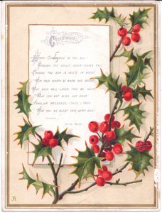 Carte de Noël victorienne avec une grande branche de houx et un vers, c.1880 - English School
