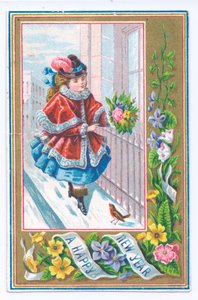 Carte de Nouvel An victorienne avec une fille habillée d
