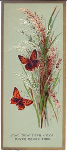 Carte de Nouvel An victorienne de deux papillons parmi de hautes herbes, vers 1880 - English School