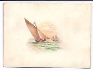 Carte de Nouvel An victorienne avec des yachts naviguant au clair de lune, vers 1895 - English School