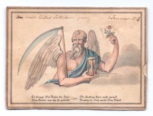Carte de vœux victorienne du faucheur avec une faux et un sablier tenant une rose, vers 1815 (lithographie en couleur) - English School