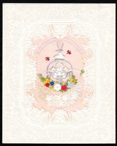 Carte de Saint-Valentin victorienne en dentelle de papier représentant une fontaine avec des fleurs, vers 1870 (lithographie en couleur) - English School