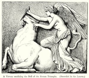 Une Victoire sacrifiant le Taureau des Triomphes romains. (Bas-Relief du Louvre) (gravure) - English School