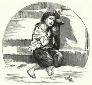 Un garçon mendiant dans la neige (lithographie)