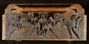 Une miséricorde endommagée représentant trois hommes se battant avec des poignards et des épées, New College Chapel, Oxford, fin du 14ème siècle