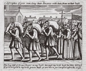 Description des pauvres hommes faisant leur pénitence avec leur paille sur le dos, illustration des Actes et Monuments de John Foxe, neuvième édition, pub. 1684 - English School