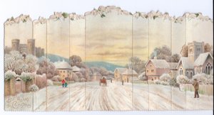 Carte de Noël victorienne en accordéon représentant un château et une église et un homme portant une pelle dans la neige, vers 1880 - English School
