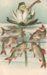 Une grenouille jouant du luth sur un nénuphar - English School