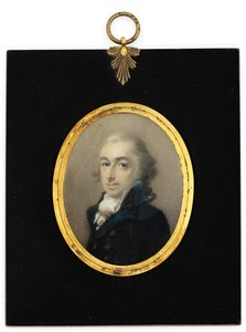 Un gentleman nommé Pryce Edwards en manteau bleu, cravate blanche et perruque poudrée
