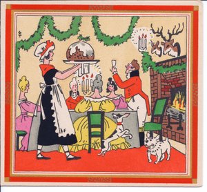 Carte de Noël française pochoir colorée à la main représentant une servante servant un pudding de Noël, vers 1920 - English School