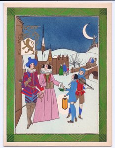 Carte de Noël française pochoir colorée à la main d