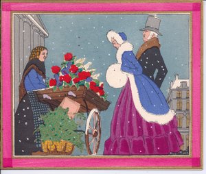 Carte de Noël française pochoir colorée à la main d