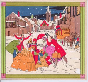 Carte de Noël française pochoir colorée à la main représentant un groupe de voyageurs victoriens en tenue d