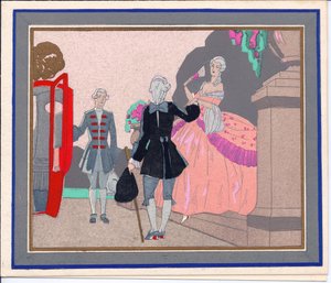 Carte de Noël française pochoir colorée à la main représentant une grande dame sur le point d
