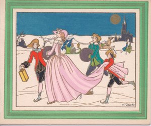 Carte de Noël française pochoir colorée à la main d