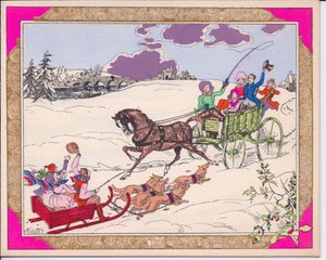 Carte de Noël française pochoir colorée à la main représentant un traîneau avec des enfants tiré par des chiens et une charrette tirée par un cheval traversant un paysage enneigé, vers 1920 - English School