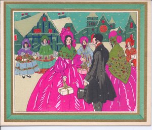 Carte de Noël française pochoir colorée à la main de dames en robes crinolines et d