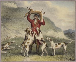 Un chasseur levant un renard au-dessus de sa tête