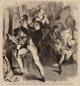 Une dame mariée contre la volonté de sa famille est enlevée des bras de son mari par ses frères en colère (gravure) - English School