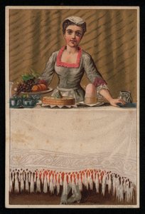 Une servante dressant une table avec de la nourriture, carte de vœux - English School