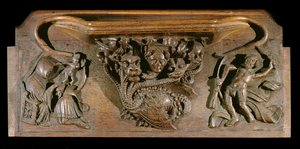 Une miséricorde représentant une hydre finement sculptée, symbolique des sept péchés capitaux, incorporant une tête humaine réaliste, New College Chapel, Oxford, fin du 14ème siècle