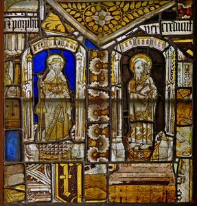 Un panneau dans la fenêtre est représentant Saint Jacques avec Saint Paul avec la plante Gromwell au-dessus - English School