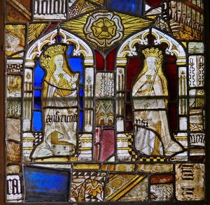 Un panneau dans la fenêtre est représentant les Vertus Cardinales : Miséricorde (Misericordia) et Paix (Pax) et une rose blanche - English School