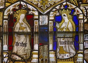 Un panneau dans la fenêtre est représentant les Vertus Cardinales : Vérité (Veritas) et Justice (Iustitia) - English School