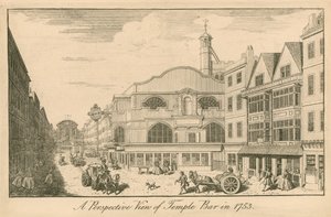 Vue perspective de Temple Bar, Londres, en 1753 - English School