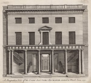 Vue en perspective de la Bourse des facteurs de grains, érigée à Mark Lane en 1751 - English School