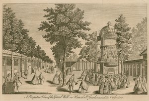 Vue en perspective de la Grande Promenade dans les jardins de Vauxhall, Londres, et l