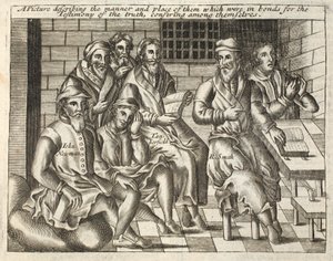 Image décrivant la manière et le lieu de ceux qui étaient enchaînés pour le témoignage de la vérité, se conférant entre eux, illustration des Actes et Monuments de John Foxe, neuvième édition, pub. 1684 - English School