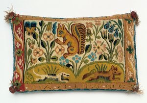 Panneau de tapisserie pour coussin à épingles avec un écureuil et la devise 